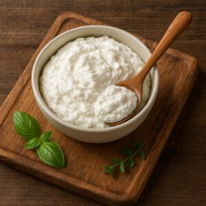 Ciotola di formaggio Quark cremoso con cucchiaio di legno su tagliere
