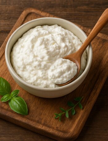 Ciotola di formaggio Quark cremoso con cucchiaio di legno su tagliere