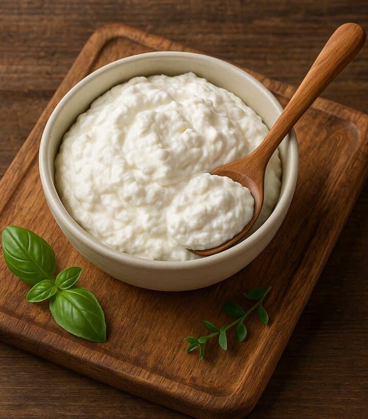 Ciotola di formaggio Quark cremoso con cucchiaio di legno su tagliere