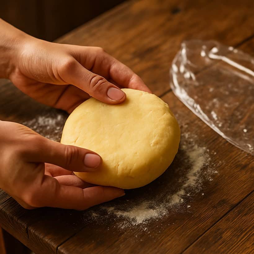 Mani che modellano un panetto rotondo di pasta brisé o brisée su tavolo infarinato