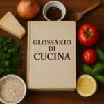 Libro con la scritta "Glossario di Cucina" circondato da ingredienti freschi su tagliere rustico