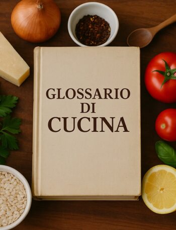 Libro con la scritta "Glossario di Cucina" circondato da ingredienti freschi su tagliere rustico
