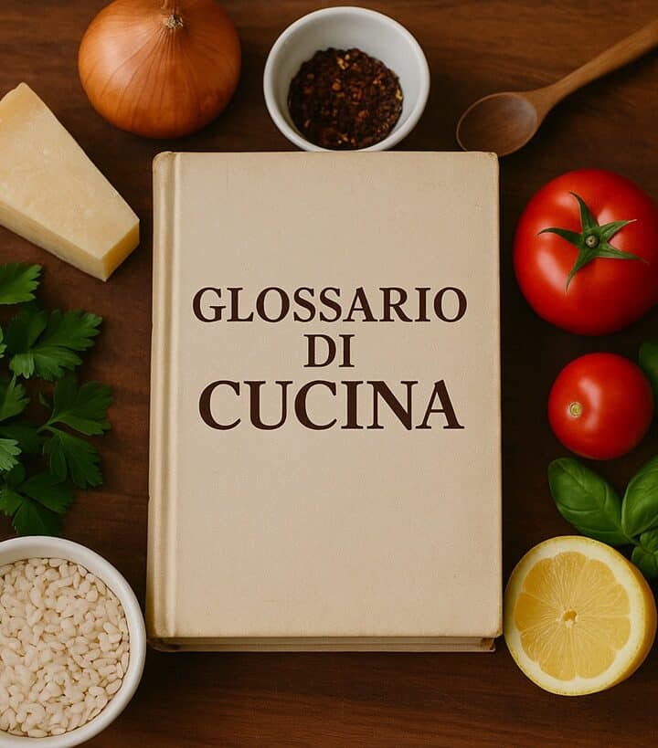 Libro con la scritta "Glossario di Cucina" circondato da ingredienti freschi su tagliere rustico
