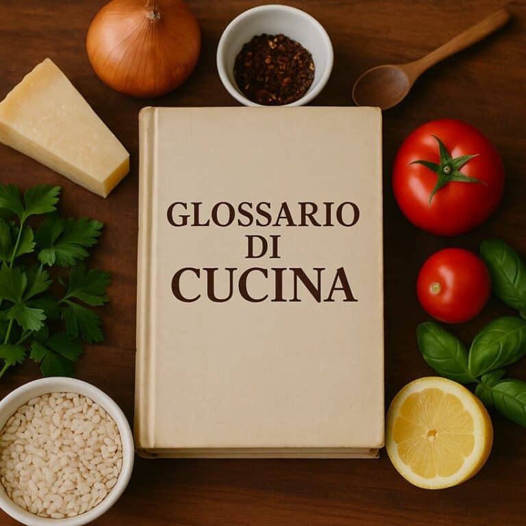 Libro con la scritta "Glossario di Cucina" circondato da ingredienti freschi su tagliere rustico