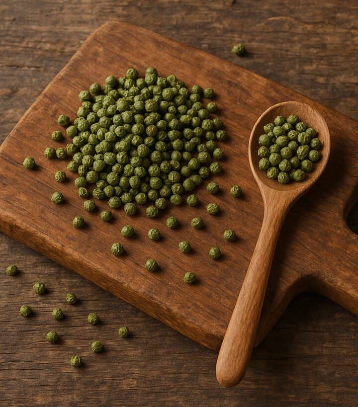Pepe verde in grani su tagliere rustico con cucchiaio di legno