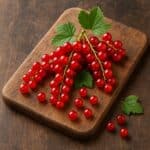 Ribes rosso fresco con foglie su tagliere in legno scuro