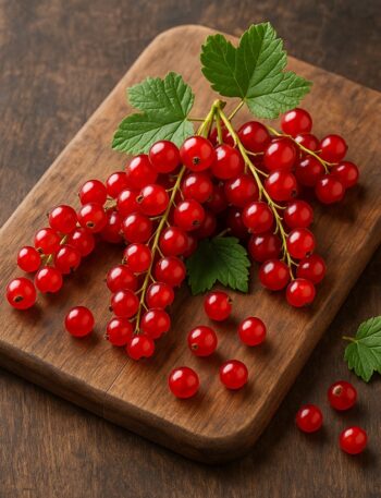 Ribes rosso fresco con foglie su tagliere in legno scuro