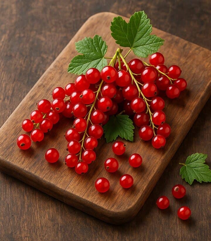 Ribes rosso fresco con foglie su tagliere in legno scuro