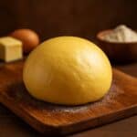Pasta brioche cruda su tagliere in legno con farina, burro e uovo sullo sfondo
