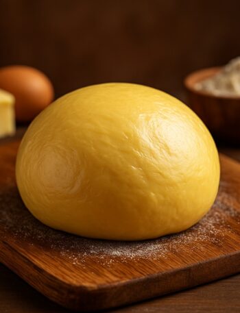 Pasta brioche cruda su tagliere in legno con farina, burro e uovo sullo sfondo