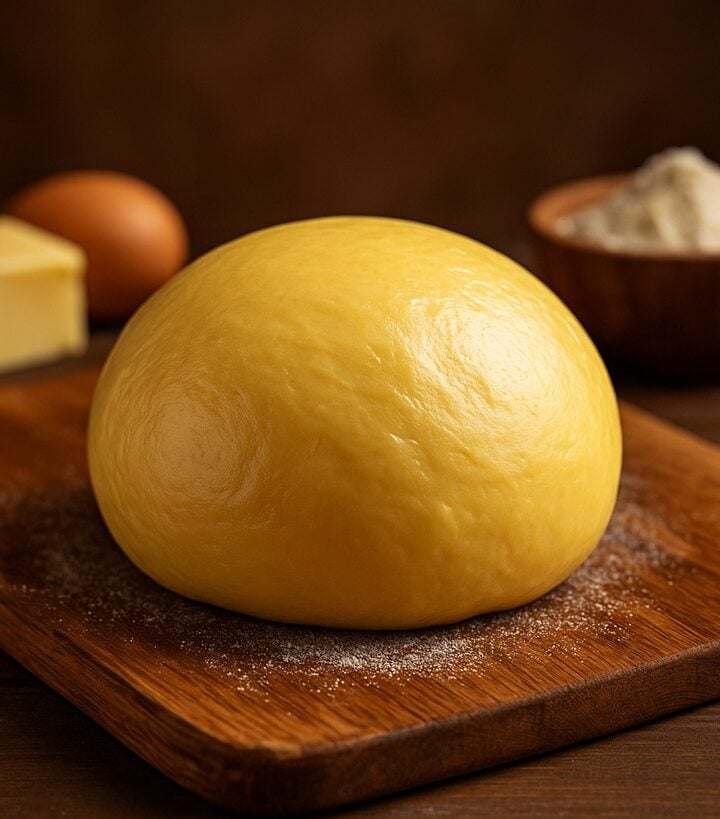 Pasta brioche cruda su tagliere in legno con farina, burro e uovo sullo sfondo