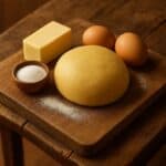 Pasta frolla cruda, burro, uova e zucchero disposti su tagliere in legno