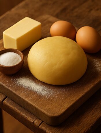 Pasta frolla cruda, burro, uova e zucchero disposti su tagliere in legno