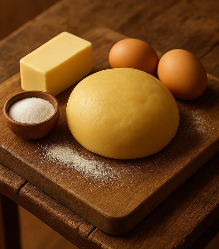 Pasta frolla cruda, burro, uova e zucchero disposti su tagliere in legno