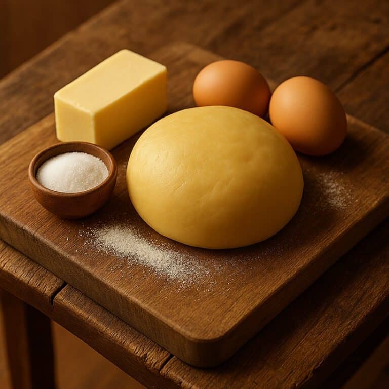 Pasta frolla cruda, burro, uova e zucchero disposti su tagliere in legno