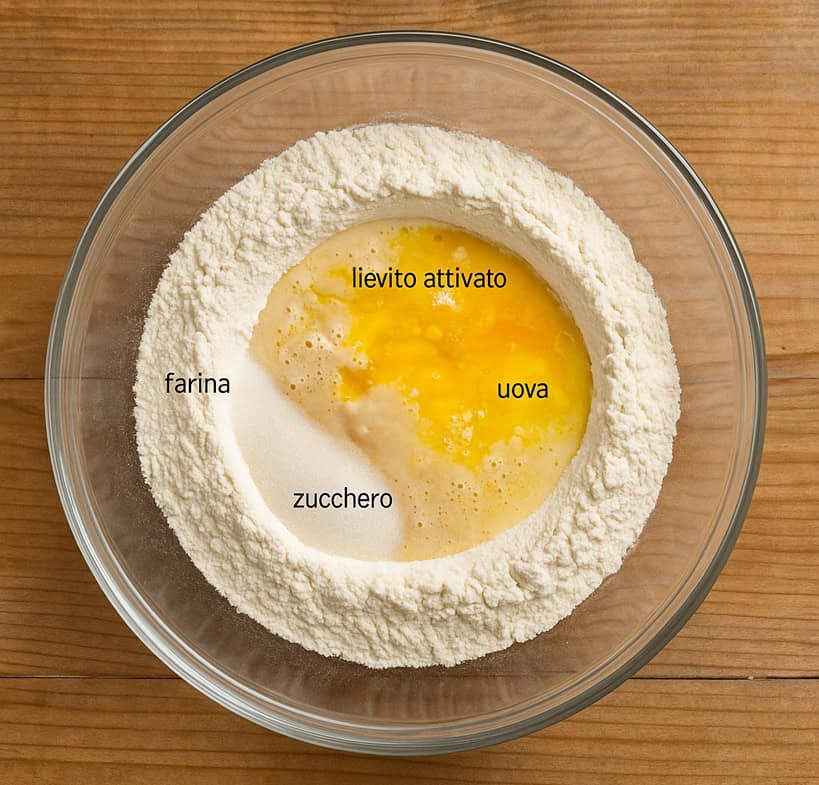Ciotola con farina a fontana, zucchero, uova e lievito attivato pronti da impastare per creare l'impasto iniziale della pasta brioche 