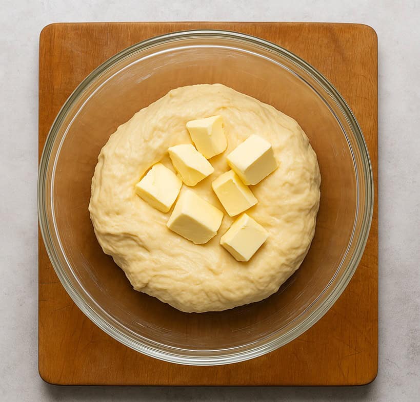 Ciotola con impasto liscio in cui vengono aggiunti pezzetti di burro per creare la pasta brioche