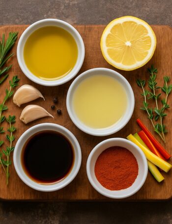 Vari ingredienti per marinature disposti su un tagliere rustico con olio, erbe aromatiche, spezie, limone e aglio