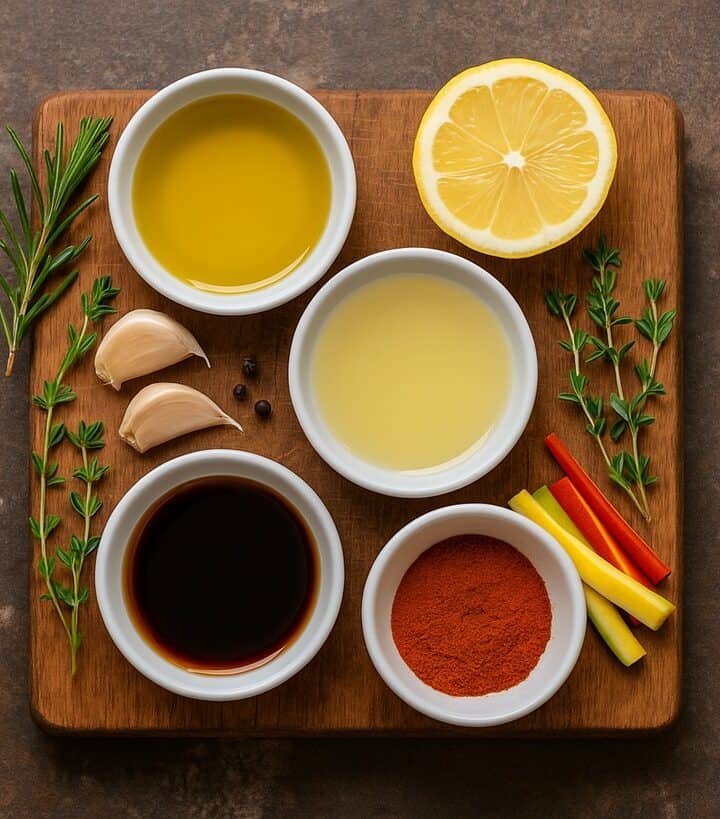 Vari ingredienti per marinature disposti su un tagliere rustico con olio, erbe aromatiche, spezie, limone e aglio