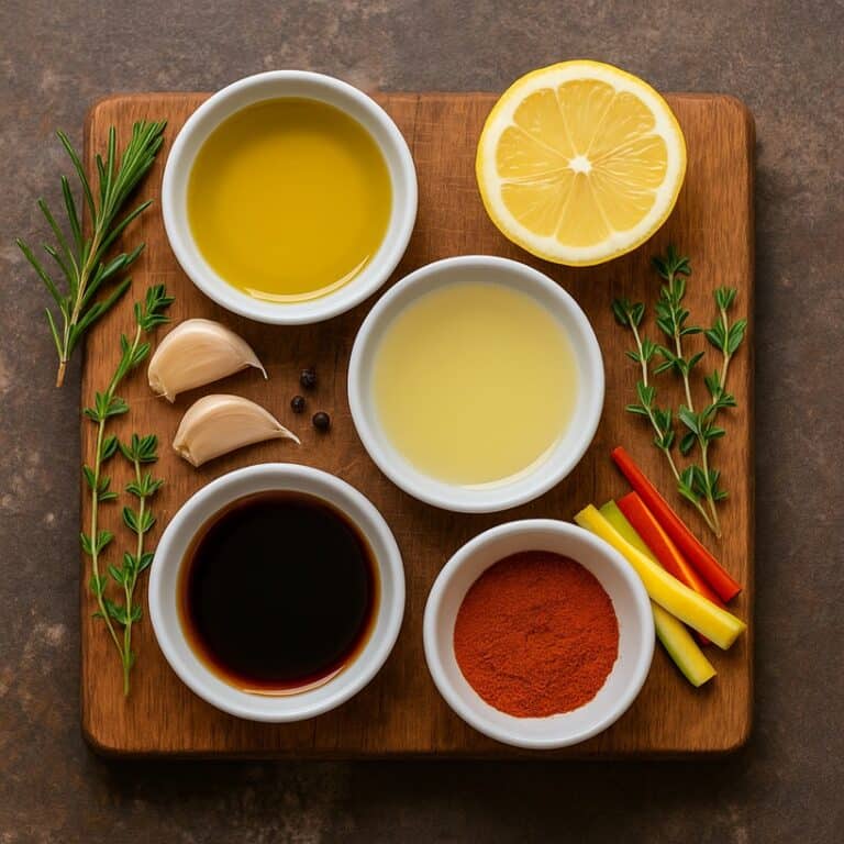 Vari ingredienti per marinature disposti su un tagliere rustico con olio, erbe aromatiche, spezie, limone e aglio
