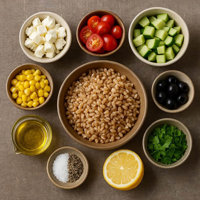 Ingredienti separati per insalata di farro: farro cotto, verdure, olio, sale e pepe