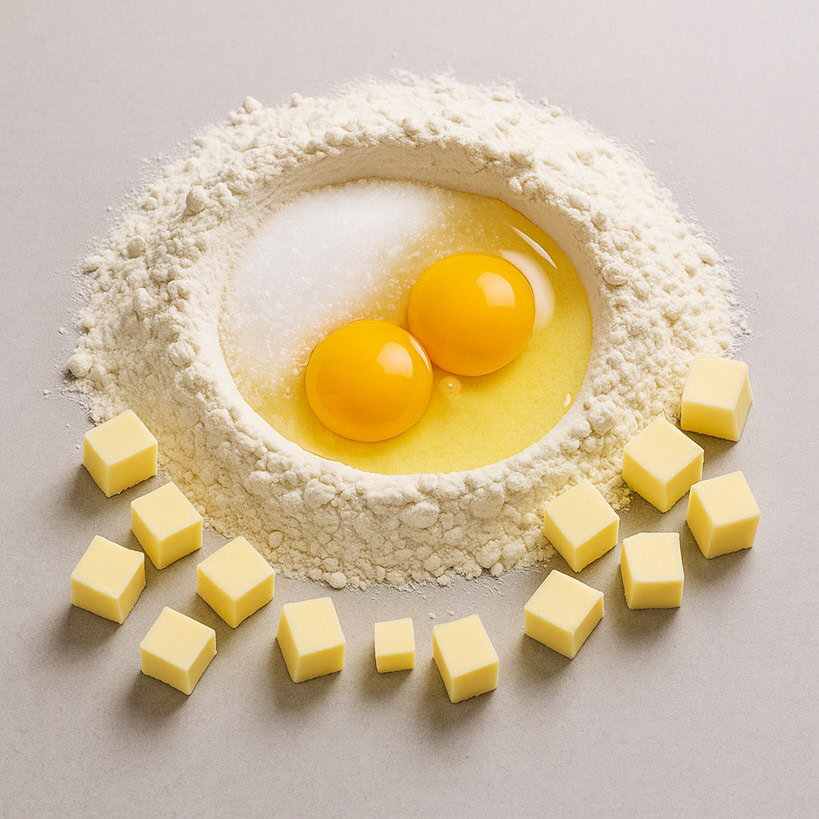 Ingredienti per pasta frolla per crostata: farina a fontana con zucchero, due uova aperte e piccoli cubetti di burro su piano chiaro