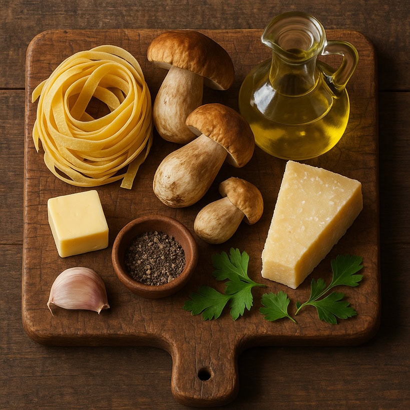 Ingredienti per tagliatelle ai funghi porcini: Tagliatelle all’uovo, funghi porcini, olio extravergine, burro, Parmigiano, pepe, aglio e prezzemolo