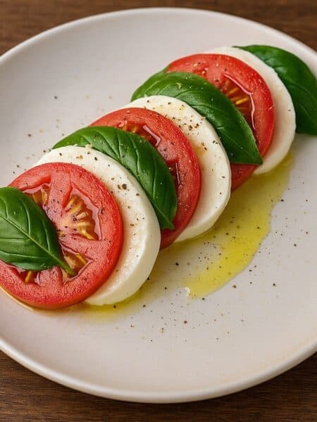 Insalata Caprese con pomodoro, mozzarella e basilico disposti in sequenza con filo d’olio