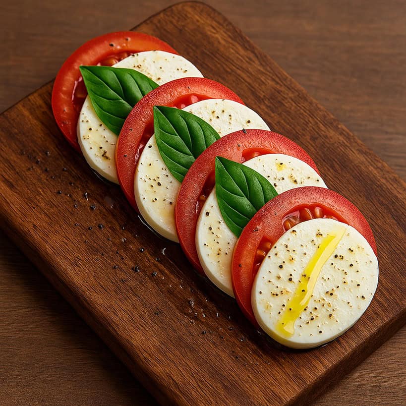 Insalata Caprese: Mozzarella, pomodoro e basilico disposti in sequenza su tagliere con olio e pepe