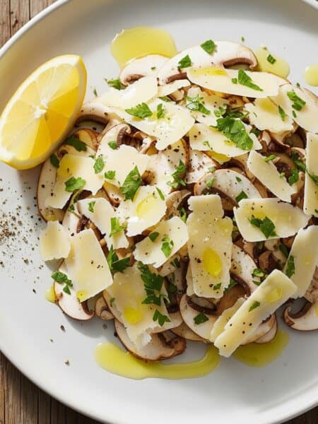 Insalata di funghi porcini freschi a fette, condita con scaglie di Grana Padano, prezzemolo, olio d'oliva, pepe e una fetta di limone.