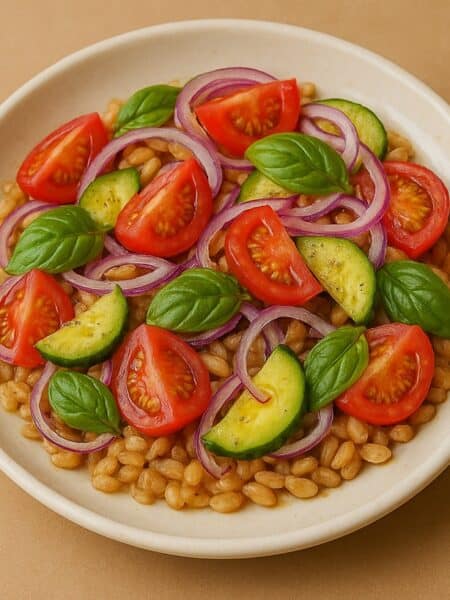 Insalata di farro con pomodorini, cetriolo, cipolla rossa e basilico in ciotola beige