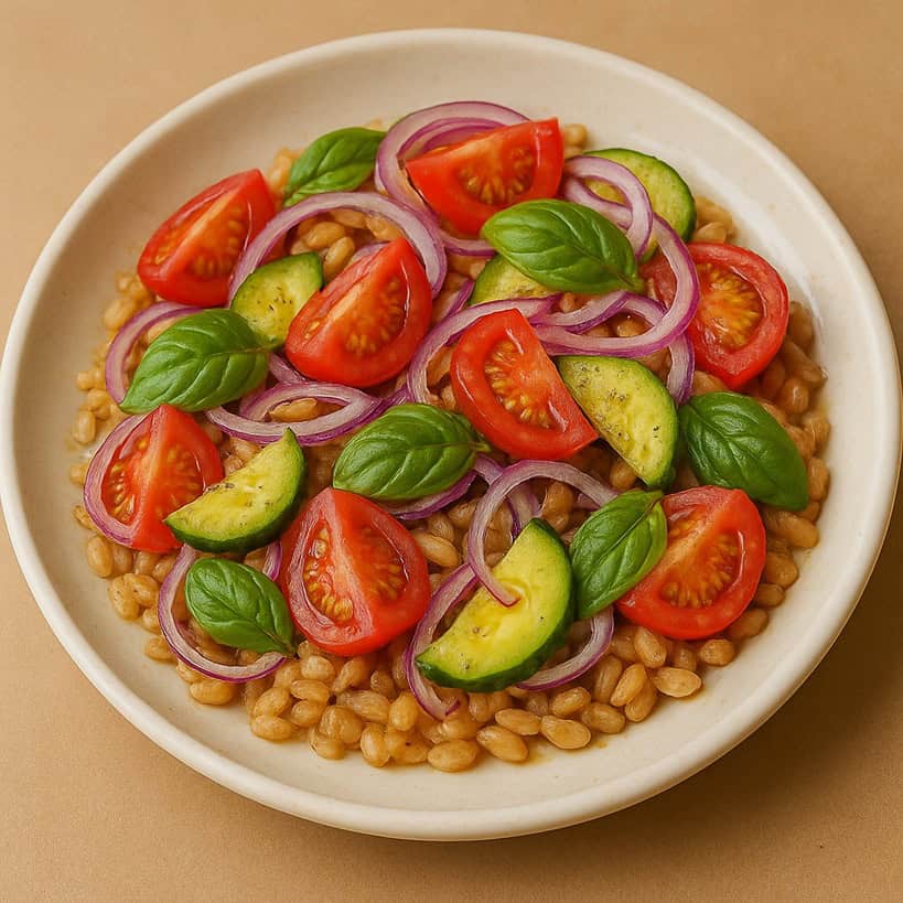 Insalata di farro con pomodorini, cetriolo, cipolla rossa e basilico in ciotola beige