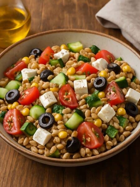Insalata di farro classica, con pomodorini, cetrioli, feta, olive nere e mais