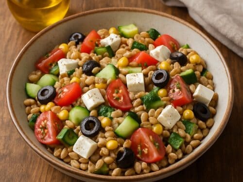Insalata di farro classica, con pomodorini, cetrioli, feta, olive nere e mais