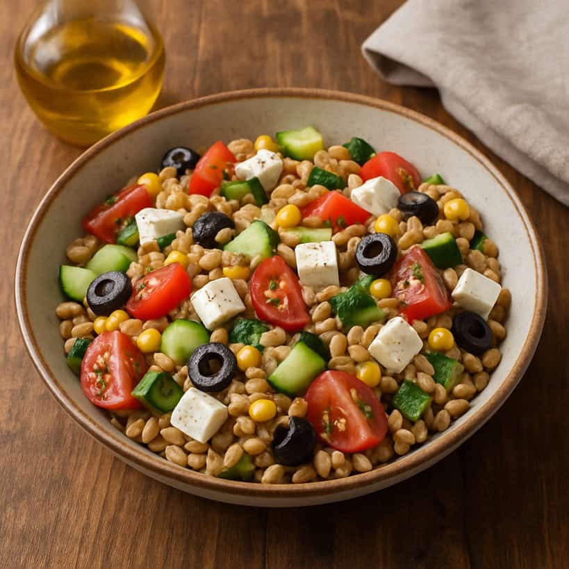 Insalata di farro classica, con pomodorini, cetrioli, feta, olive nere e mais