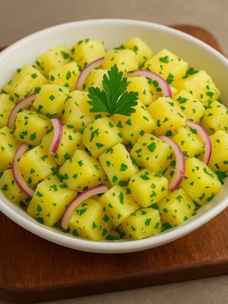 Insalata di patate classica con patate lesse con prezzemolo tritato leggero e cipolla rossa in ciotola bianca su tagliere