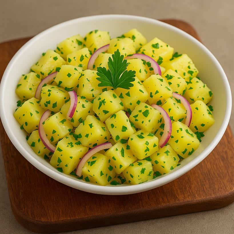 Insalata di patate classica con patate lesse con prezzemolo tritato leggero e cipolla rossa in ciotola bianca su tagliere