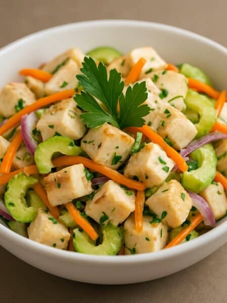 Insalata di pollo con cubetti dorati, sedano, carote, cipolla rossa e prezzemolo in ciotola bianca