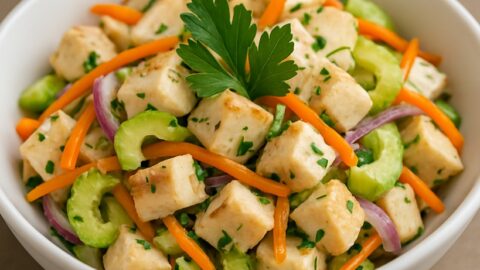 Insalata di pollo con cubetti dorati, sedano, carote, cipolla rossa e prezzemolo in ciotola bianca