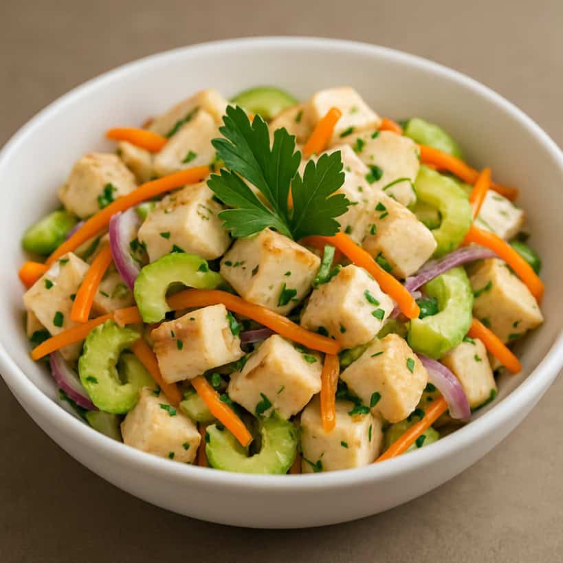 Insalata di pollo con cubetti dorati, sedano, carote, cipolla rossa e prezzemolo in ciotola bianca