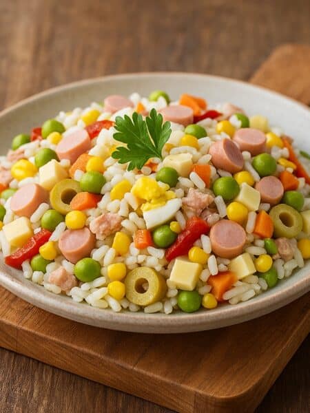Piatto rustico di insalata di riso con uova, tonno, würstel, verdure e olive verdi