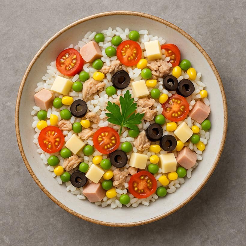 Piatto di insalata di riso con wurstel, tonno, piselli, olive, mais, uova, formaggio e pomodorini visto dall’alto
