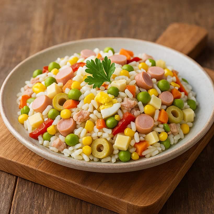 Piatto rustico di insalata di riso con uova, tonno, würstel, verdure e olive verdi
