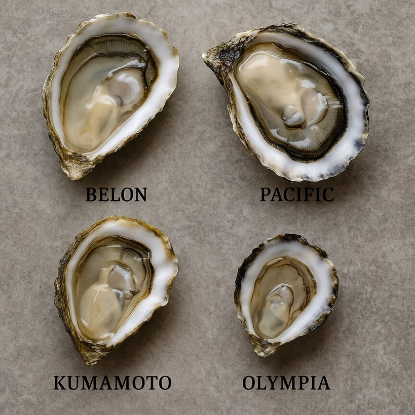 Un'immagine che mostra quattro varietà di ostriche, tra cui Belon, Gillardeau, Kumamoto e Olympia, disposte su un piatto.
