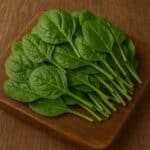 Foglie di spinaci freschi su tagliere in legno