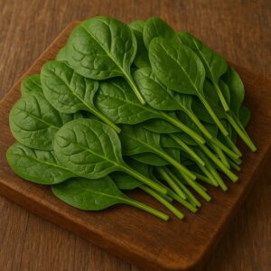 Foglie di spinaci freschi su tagliere in legno
