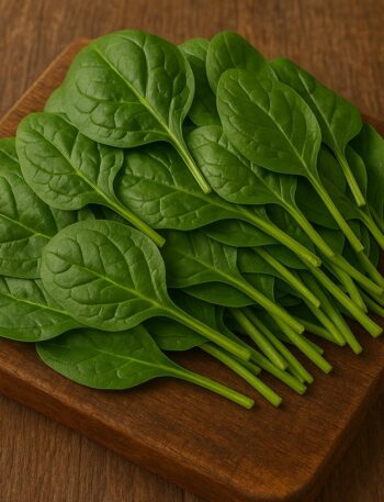 Foglie di spinaci freschi su tagliere in legno