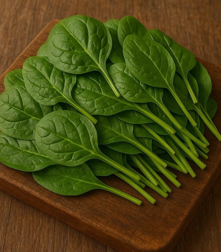 Foglie di spinaci freschi su tagliere in legno