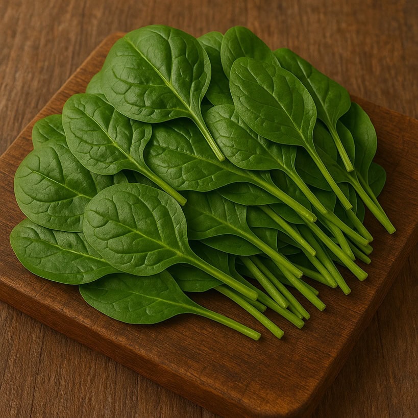 Foglie di spinaci freschi su tagliere in legno