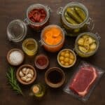 Metodi di conservazione degli alimenti rappresentati da barattoli, sott’olio, sottaceti, salumi e formaggi su un tagliere di legno